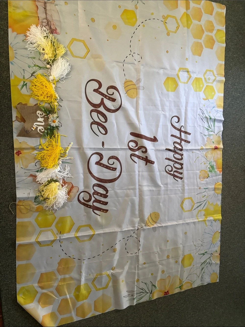 Happy 1st Bee-Day Backdrop - Yellow & White and tassel one hanger